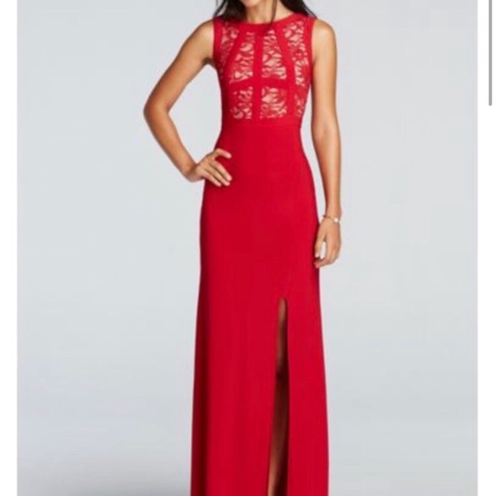 Morgan & Co red floor length dress with slit